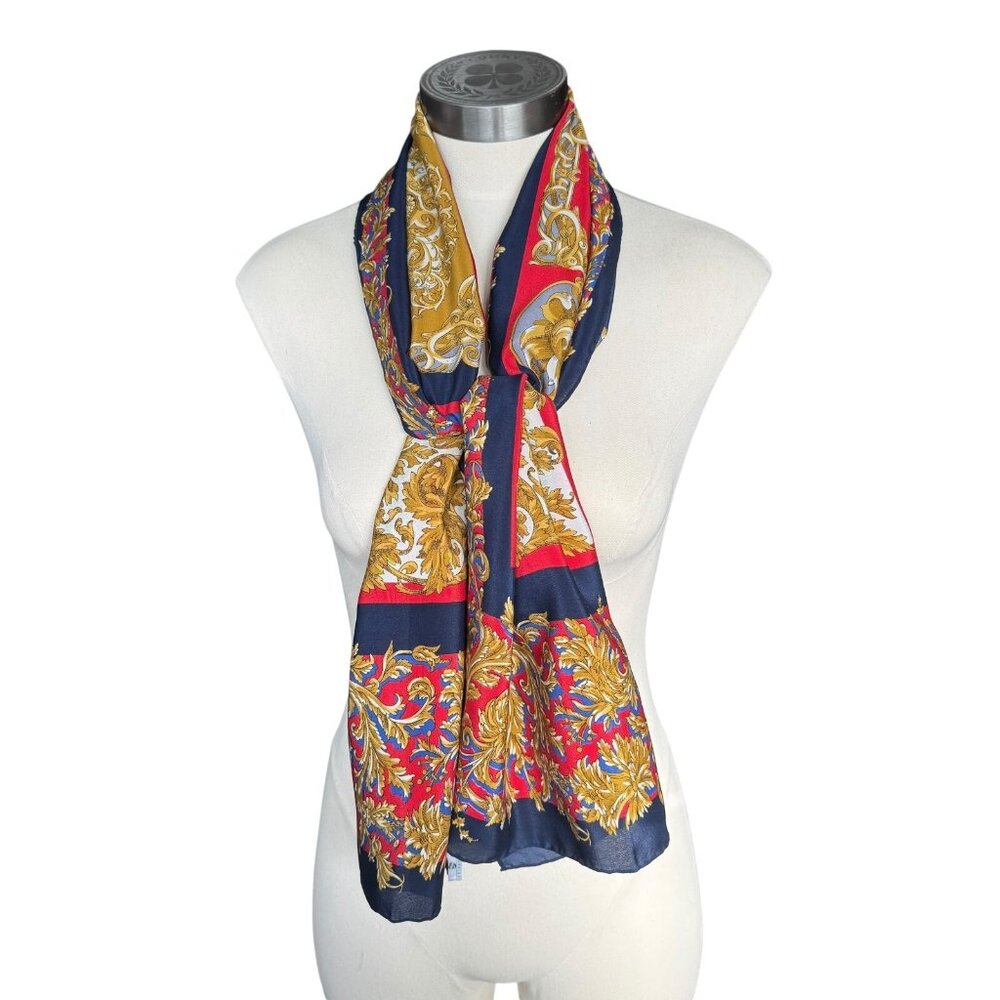 Vintage Georgiou 55 x 16 In Silk Scarf Japan Navy Red & Gold Medallion‎ Nautical - Picture 6 of 8